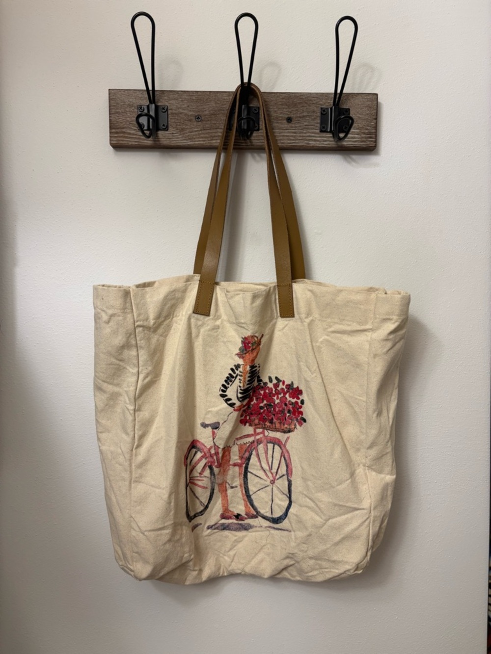 Canvas Tote Bag with Bicycle Floral Print - Beige with Brown Straps
